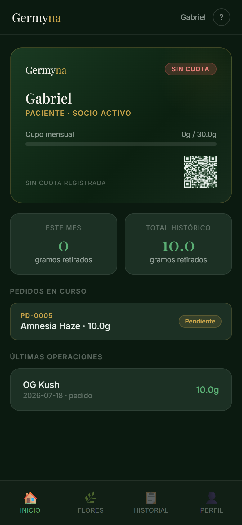 App del socio — carnet digital con QR y cupo mensual