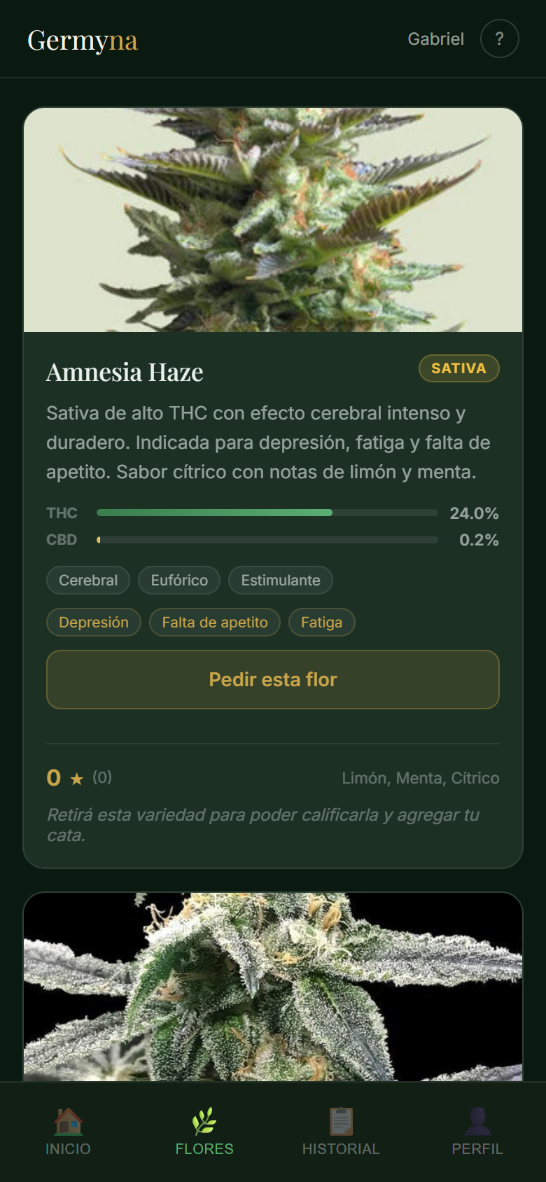 App del socio — catálogo de flores con perfil completo
